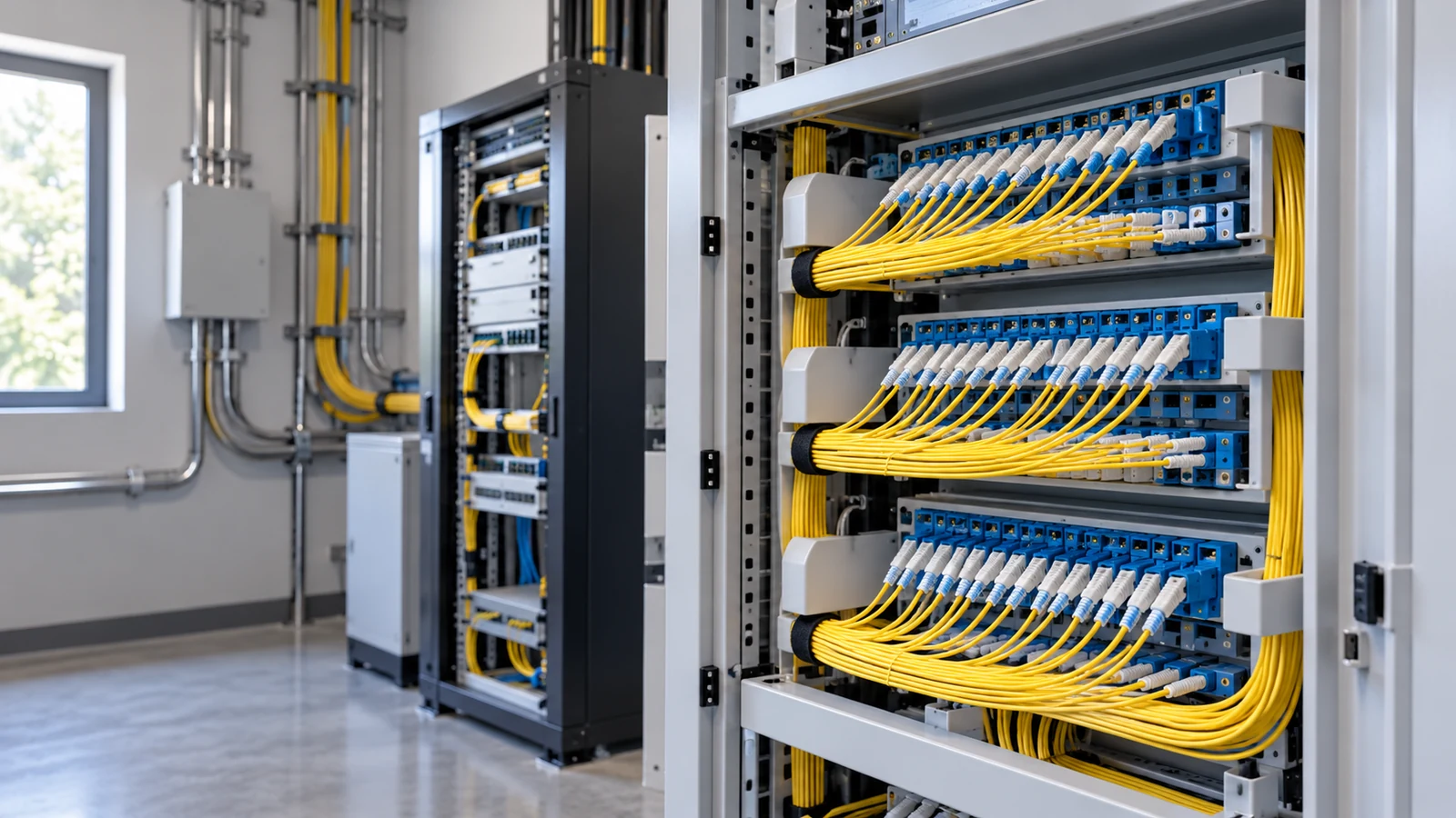تجهيز عقدة RT/RW Net أو FTTH: محولات ومبدّلات ورفوف حول OLT لديك