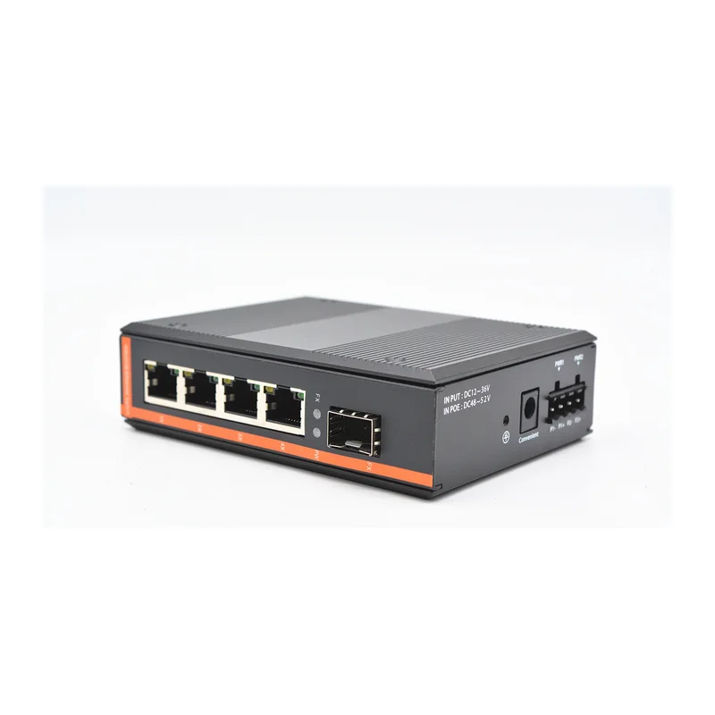 HS-1F4EP-FI — Industrial Fast Ethernet PoE converter — 1 fiber + 4 PoE copper, -40 ~ 75 °C · SFP slot version