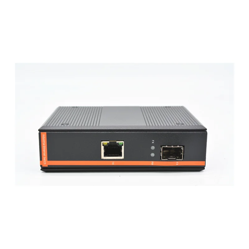 HS-1G1E-FI — Industrial gigabit converter — 1 fiber + 1 copper, -40 ~ 75 °C · SFP slot version
