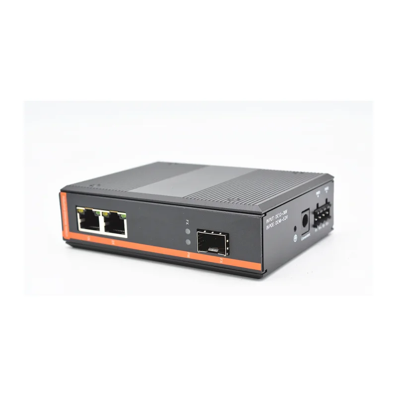 HS-1G2E-FI — Industrial gigabit converter — 1 fiber + 2 copper, -40 ~ 75 °C · SFP slot version
