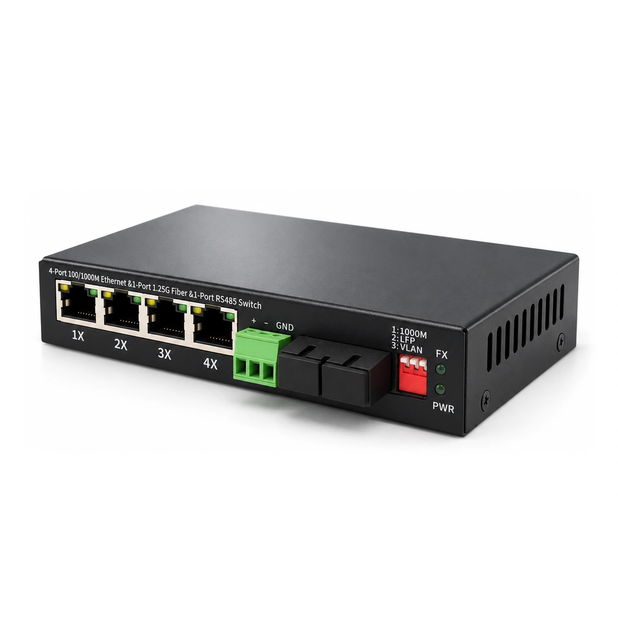 HS-1G4E-485 — Gigabit converter with RS-485 serial — 1 fiber + 4 copper + DB9