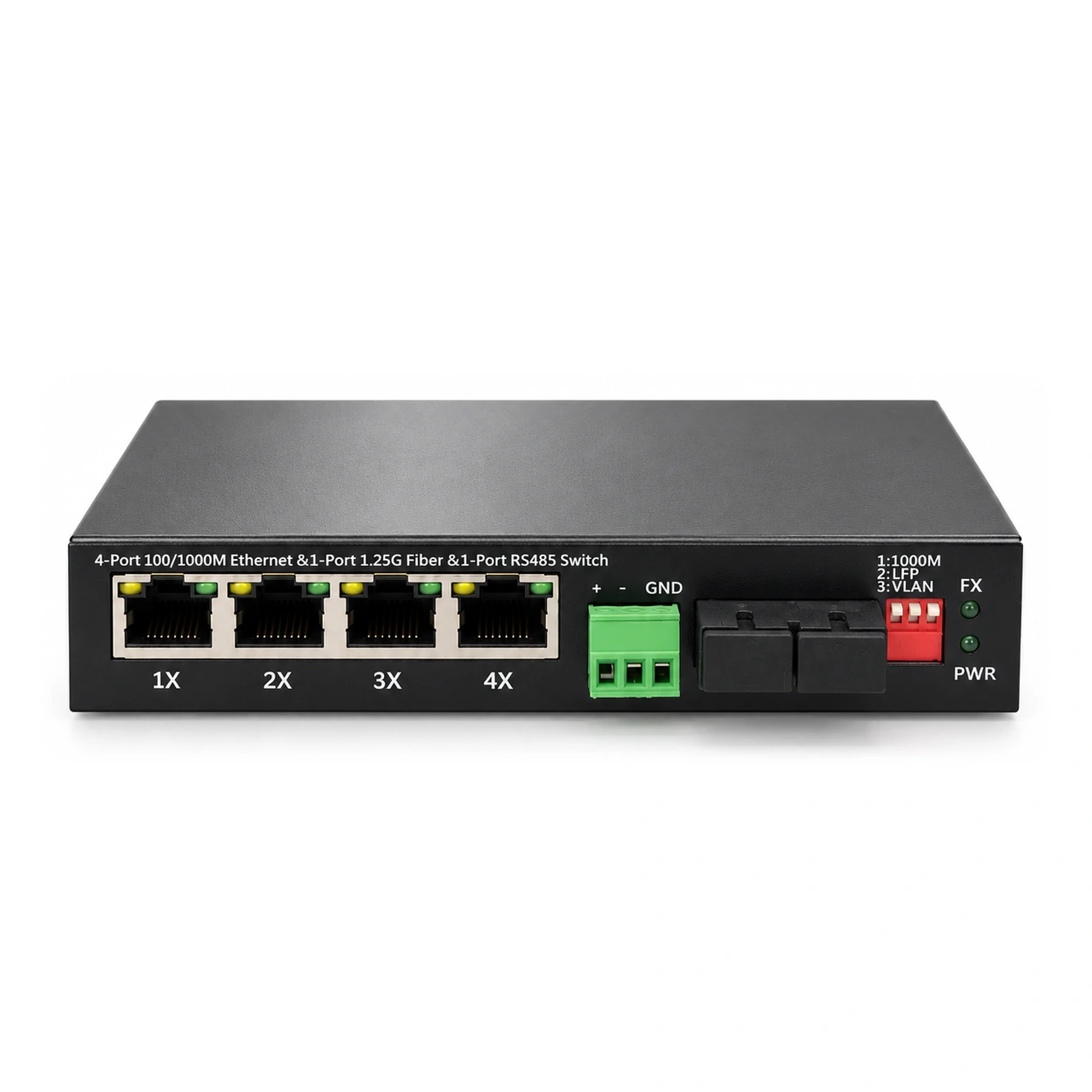 HS-1G4E-485 — Gigabit converter with RS-485 serial — 1 fiber + 4 copper + DB9 2
