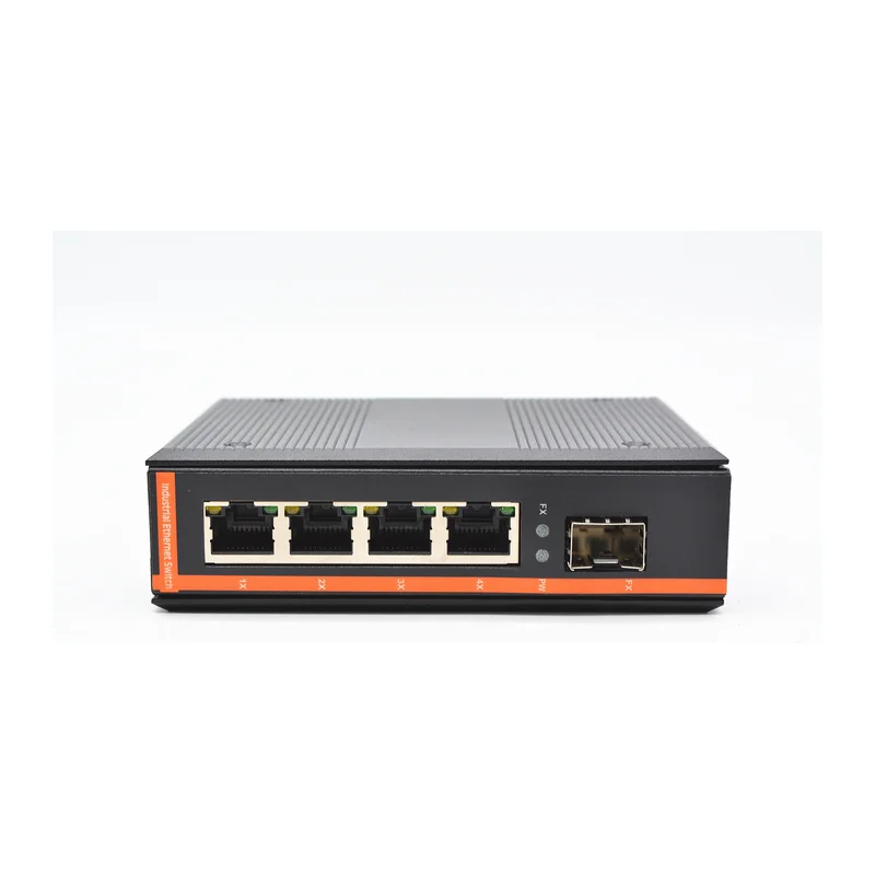 HS-1G4E-FI — Industrial gigabit converter — 1 fiber + 4 copper, -40 ~ 75 °C · SFP slot version