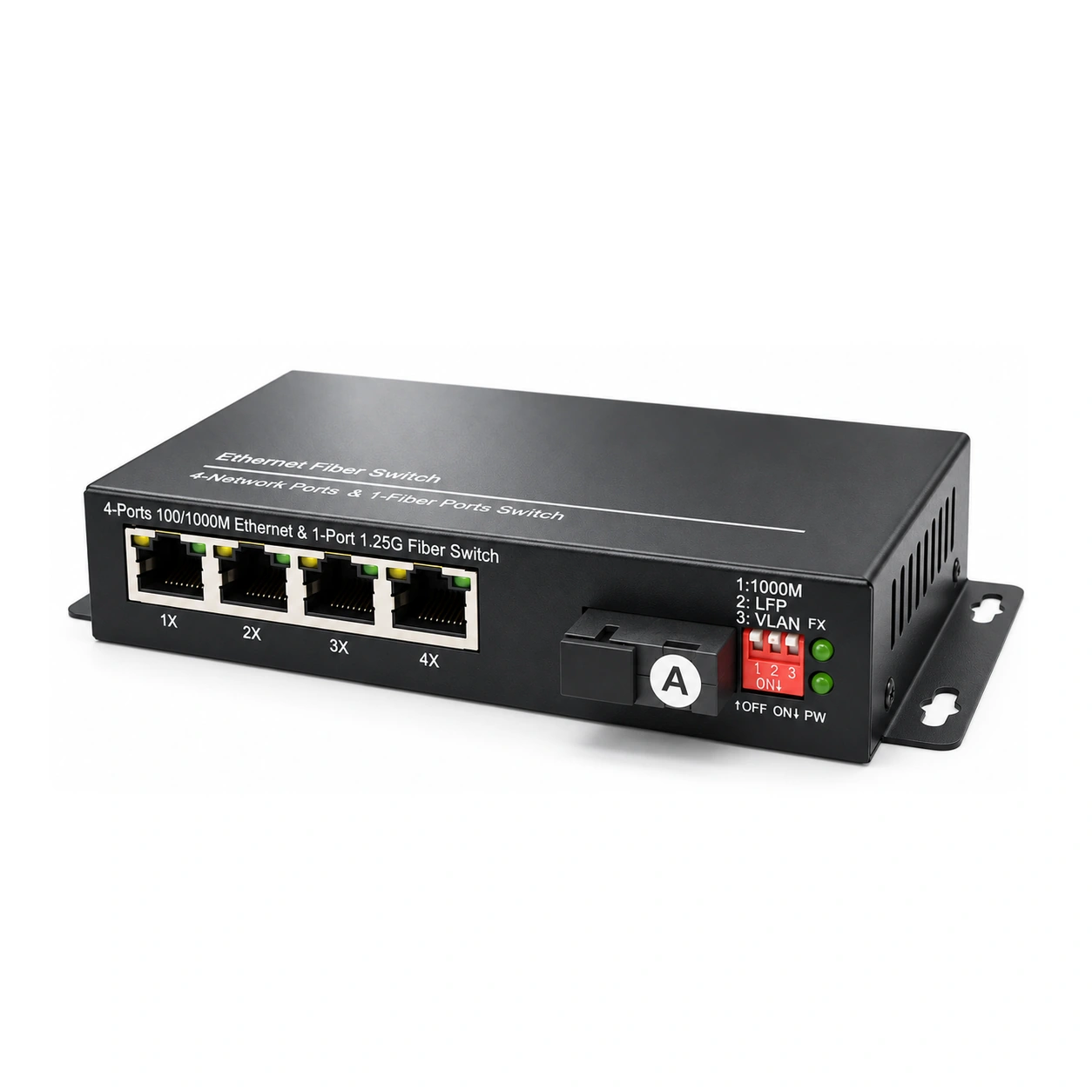 HS-1G4E-V — Gigabit converter — 1 fiber + 4 copper · VLAN isolation