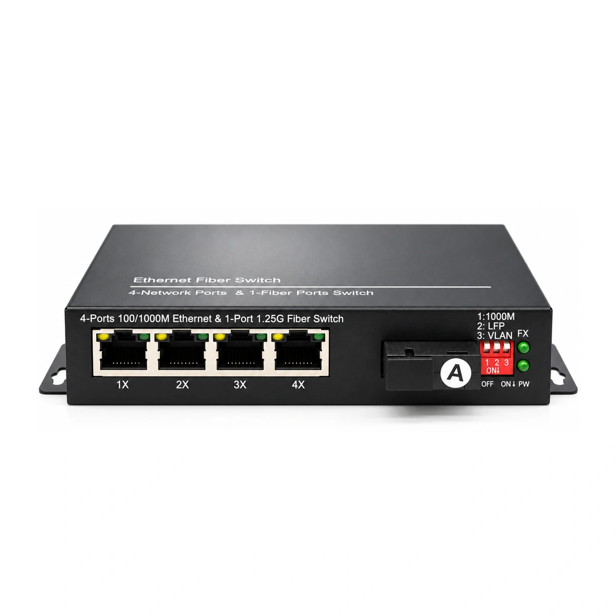 HS-1G4E-V — Gigabit converter — 1 fiber + 4 copper · VLAN isolation 2
