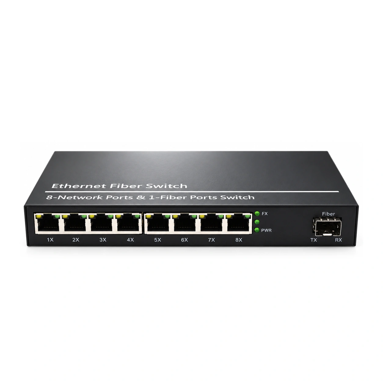 HS-1G8E-F — Gigabit converter — 1 fiber + 8 copper · SFP slot version 2