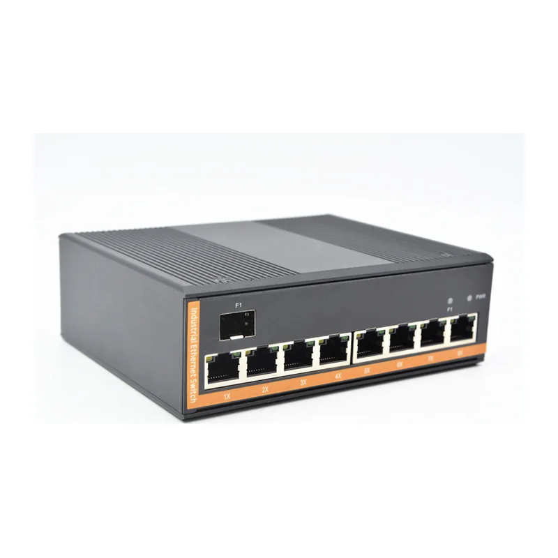 HS-1G8EP-FI — Industrial gigabit PoE converter — 1 fiber + 8 PoE copper, -40 ~ 75 °C · SFP slot version