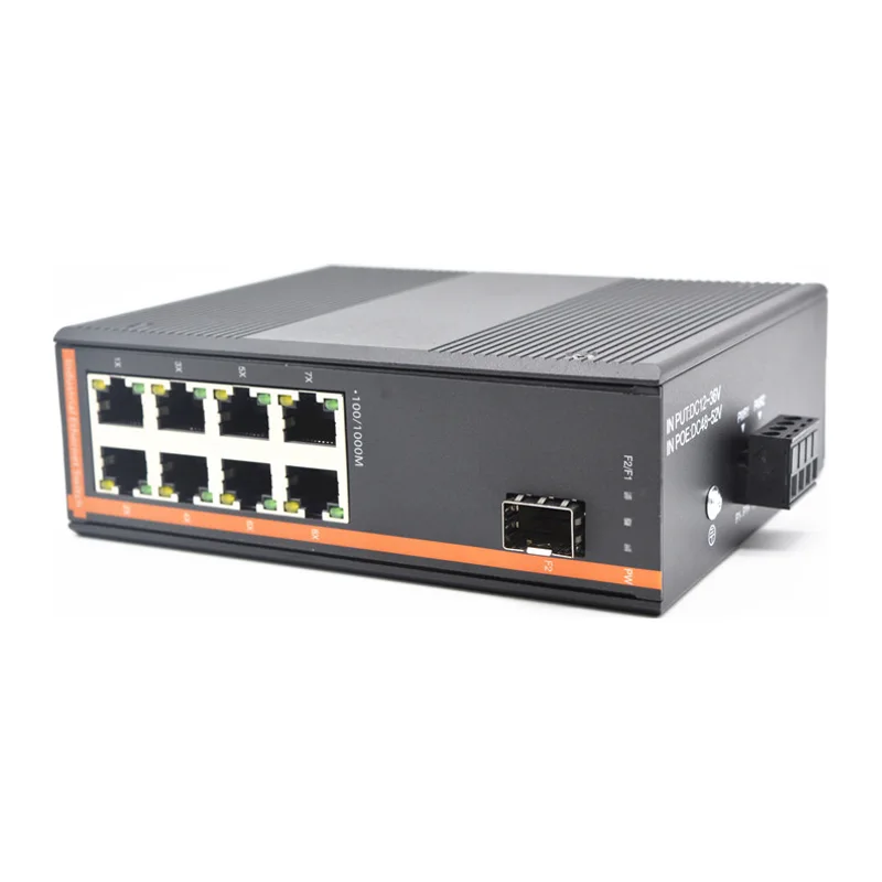 HS-1G8FEP-FI — Industrial Fast Ethernet PoE converter — 1 fiber + 8 PoE copper, -40 ~ 75 °C · SFP slot version