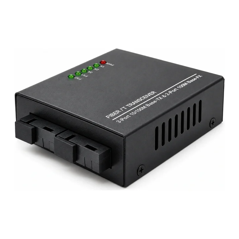 HS-2F3EM-L — Mini Fast Ethernet converter — 2 fiber + 3 copper · LED indicators version
