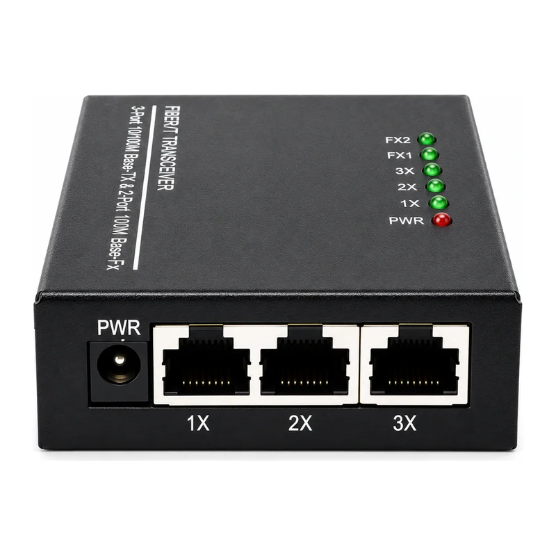 HS-2F3EM-L — Mini Fast Ethernet converter — 2 fiber + 3 copper · LED indicators version 2