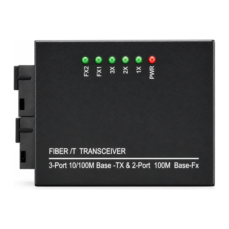 HS-2F3EM-L — Mini Fast Ethernet converter — 2 fiber + 3 copper · LED indicators version 3