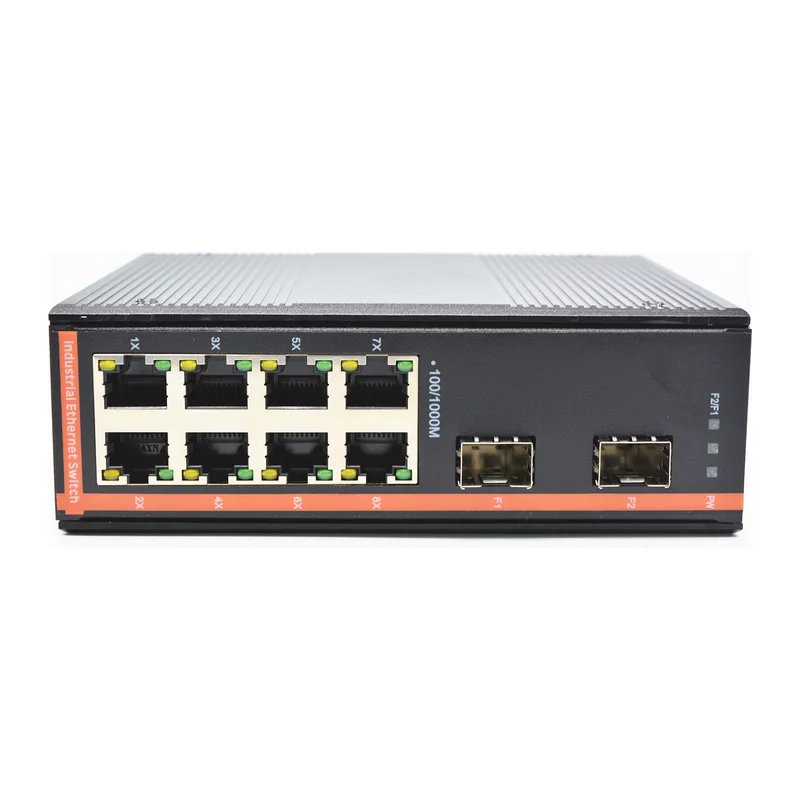 HS-2F8EP-FI — Industrial Fast Ethernet PoE converter — 2 fiber + 8 PoE copper, -40 ~ 75 °C · SFP slot version
