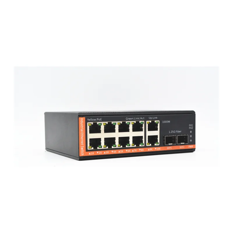 HS-2G10FEP-FI — Industrial Fast Ethernet PoE converter — 2 fiber + 10 PoE copper, -40 ~ 75 °C · SFP slot version