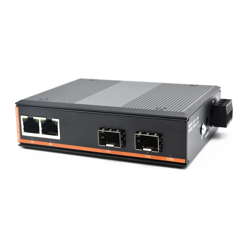 HS-2G2E-FI2 — Industrial gigabit converter — 2 SFP fiber slots + 2 copper, dual-source