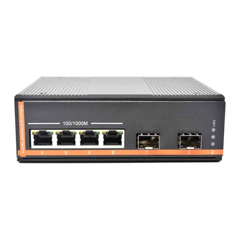 HS-2G4E-FI2 — Industrial gigabit converter — 2 SFP slots + 4 copper, dual-source, -40 ~ 75 °C