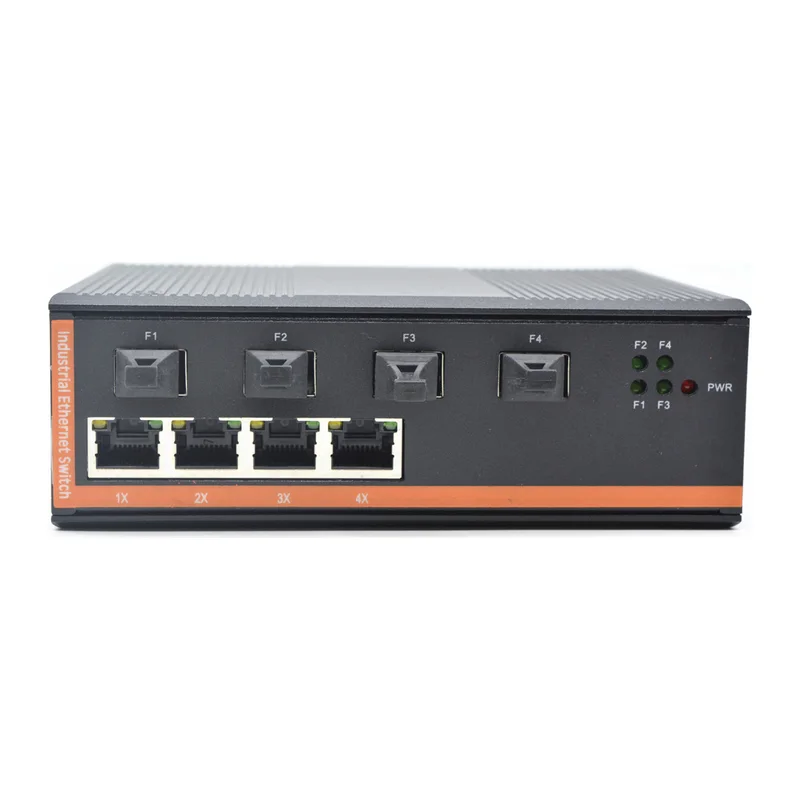 HS-4G4E-FI — Industrial gigabit converter — 4 fiber + 4 copper, -40 ~ 75 °C · SFP slot version