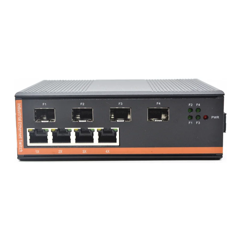 HS-4G4EP-FI — Industrial gigabit PoE converter — 4 fiber + 4 PoE copper, -40 ~ 75 °C · SFP slot version