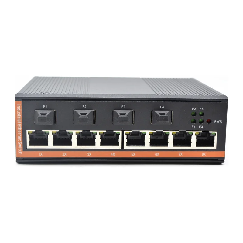 HS-4G8EP-FI — Industrial gigabit PoE converter — 4 fiber + 8 PoE copper, -40 ~ 75 °C · SFP slot version