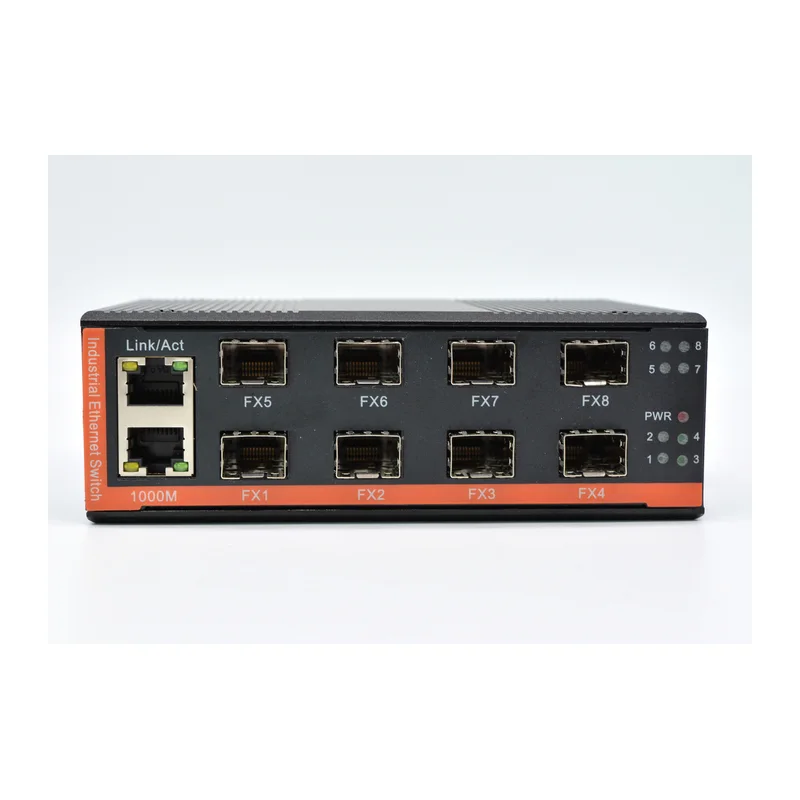 HS-8G2E-FI — Industrial gigabit converter — 8 fiber + 2 copper, -40 ~ 75 °C · SFP slot version