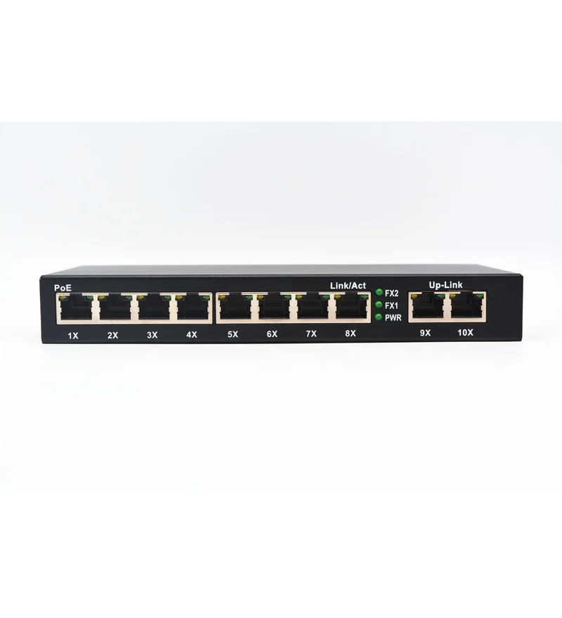 HS-8GEP+2GE — Gigabit PoE switch — 8 PoE ports + 2 GE uplinks, external PSU