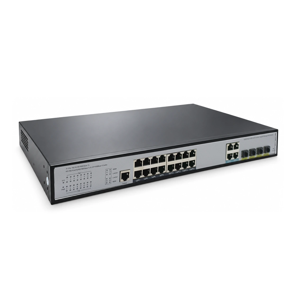 HS-M816GP-4G4SFP — Gigabit PoE converter — 4 fiber + 4 PoE copper