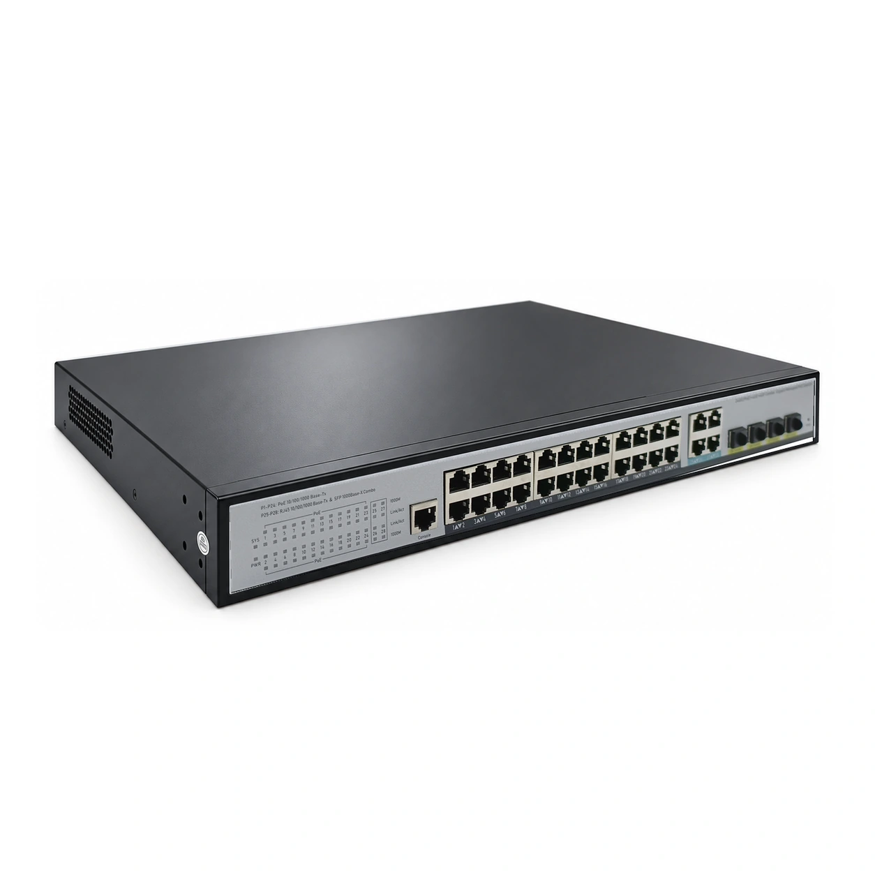 HS-M824GP-4G4SFP — Gigabit PoE converter — 4 fiber + 4 PoE copper · SFP slot version