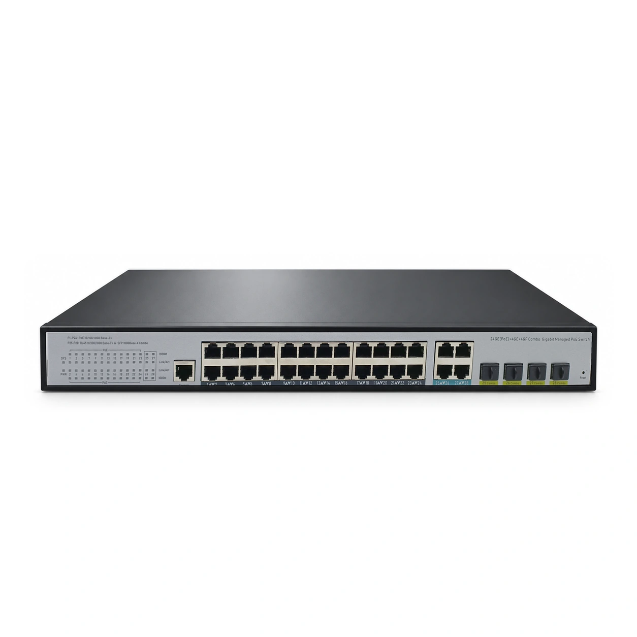 HS-M824GP-4G4SFP — Gigabit PoE converter — 4 fiber + 4 PoE copper · SFP slot version 3